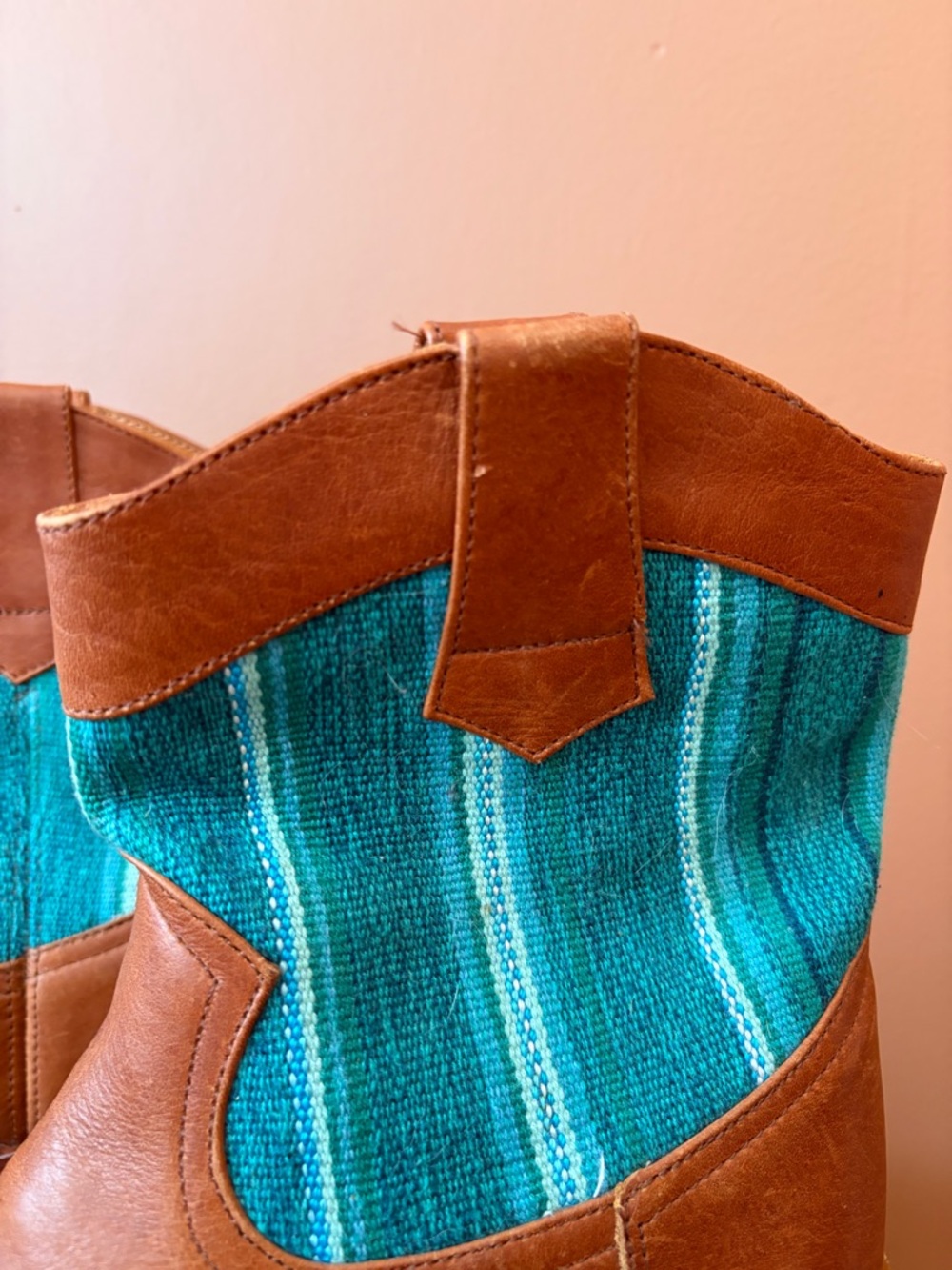 Western Leather Ankle Boots Turquoise Woven Shaft EU 39 (US 8–8.5)